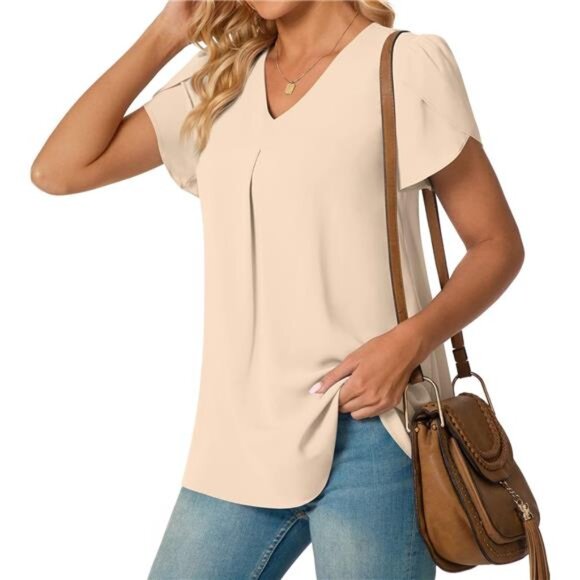 Women's Plus Size Summer Dressy Chiffon Blouses Short Sleeve V Neck Tunic Tops - Picture 2 of 7